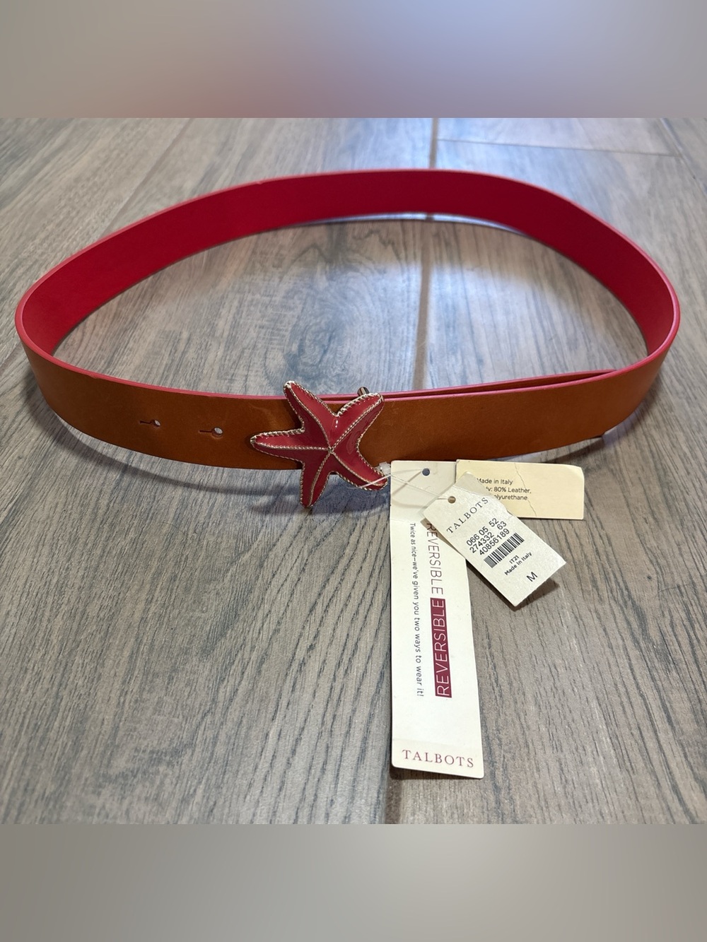 Talbots Reversible Starfish Smooth Leather Belt in Warm Tan Made in Italy Medium